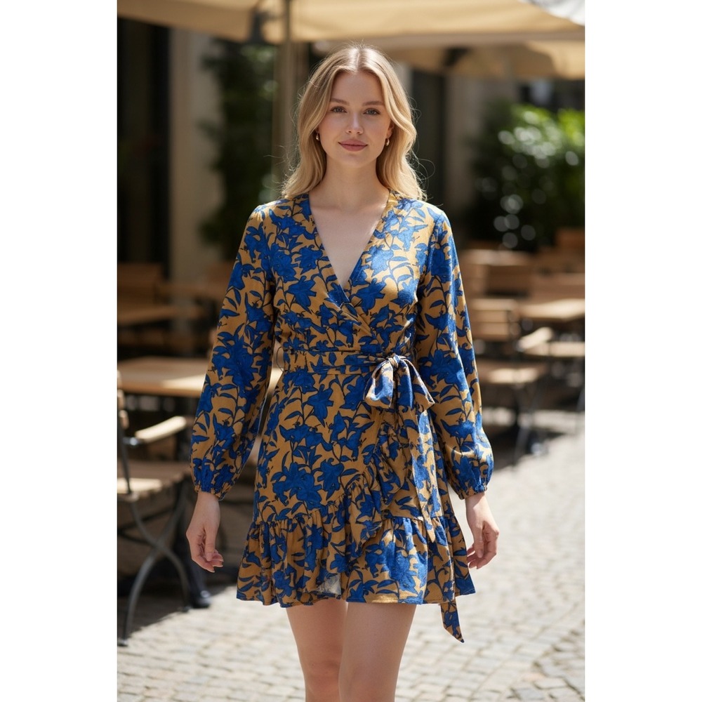 The Korner Floral Mini Dress NWT‎ Blue Mustard Yellow Long Sleeve Size S Small